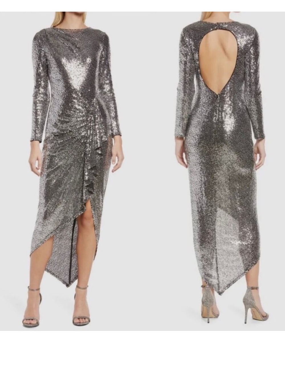 Tadashi Shoji Silver Sequin Long-Sleeve Open-Back Midi Dress Large New - Picture 1 of 9